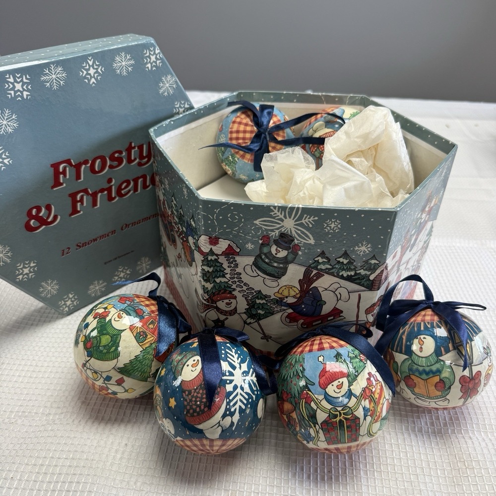 Vtg 96 Frosty & Friends 12 Ball Christmas Tree Ornaments Paper Mache Snowmen Box